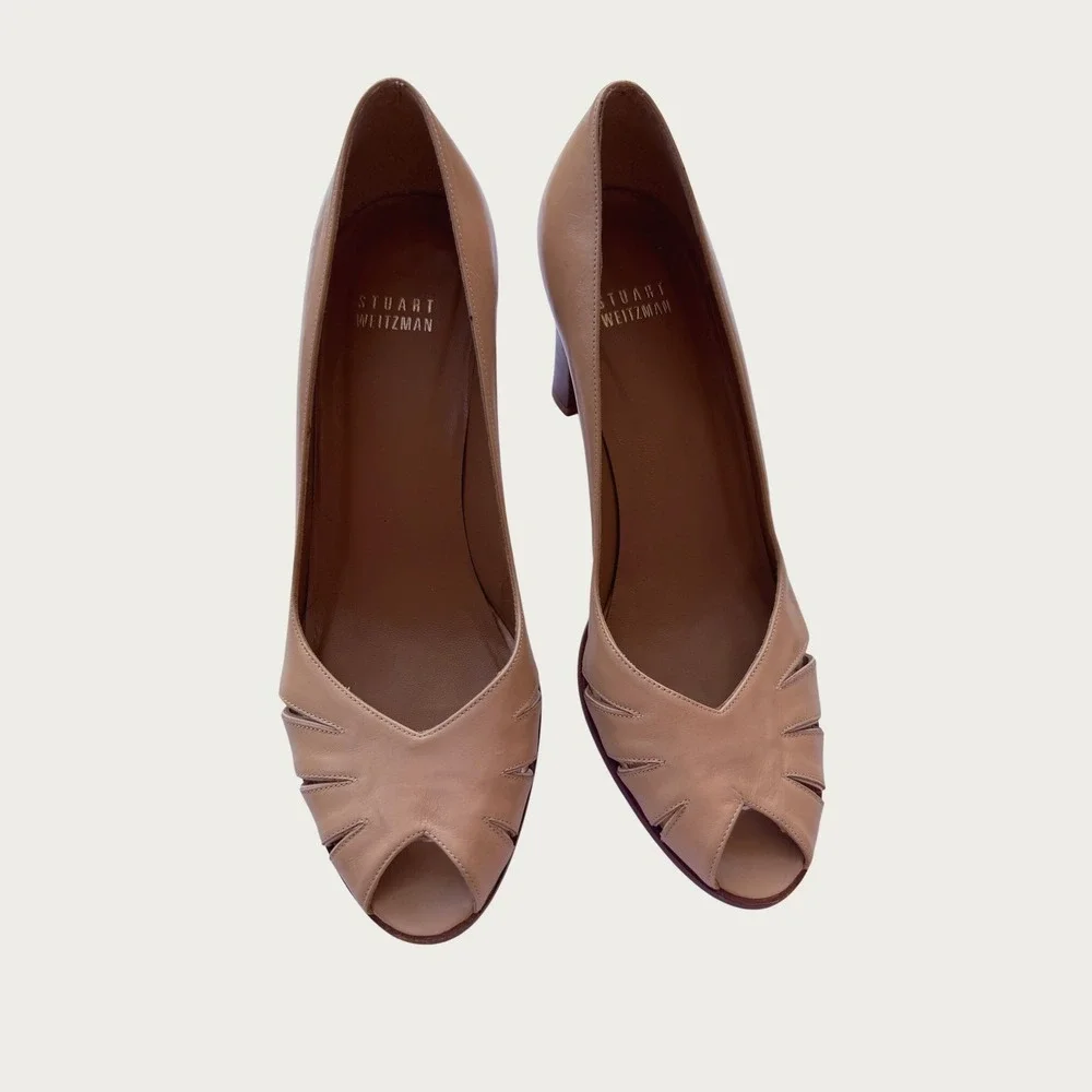 Stuart Weitzman Tan Leather Peep Toe Block Heel Pumps Cutout Size 8M 3